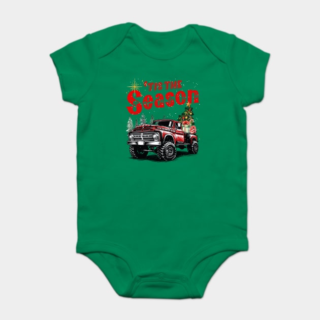 Tis The Season Red Truck Christmas Tree Holiday Xmas Trucker Baby Bodysuit by JessArty